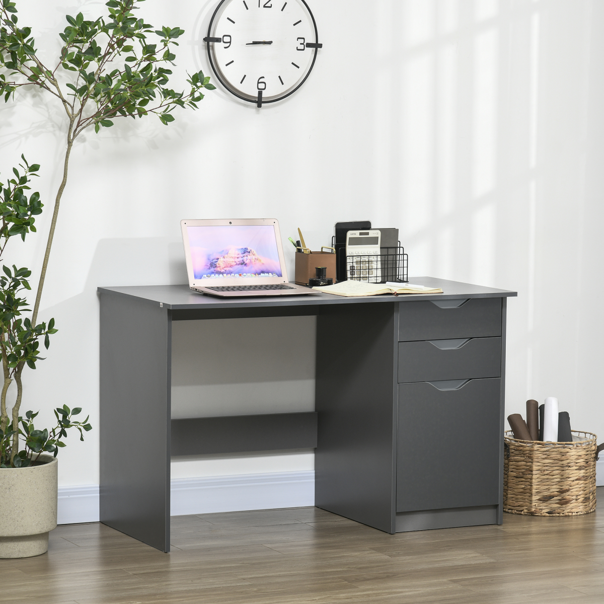 HOMCOM Grey Computer Desk with 3 Drawers, Modern Workstation for Study and Office