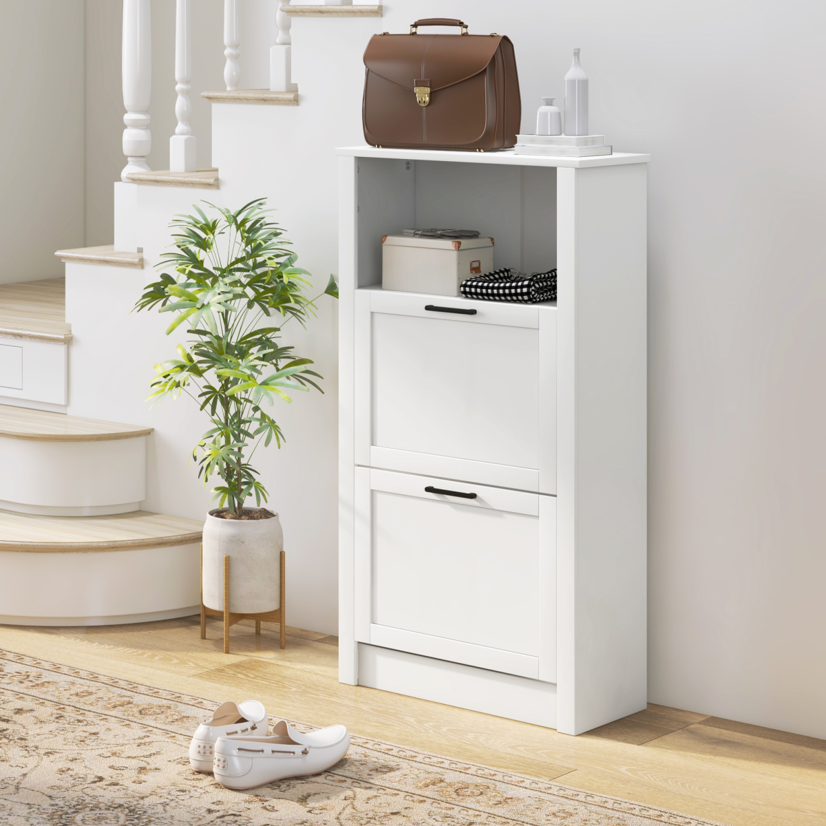 HOMCOM Modern Shoe Cabinet with 2 Flip Drawers, Adjustable Shelves, White