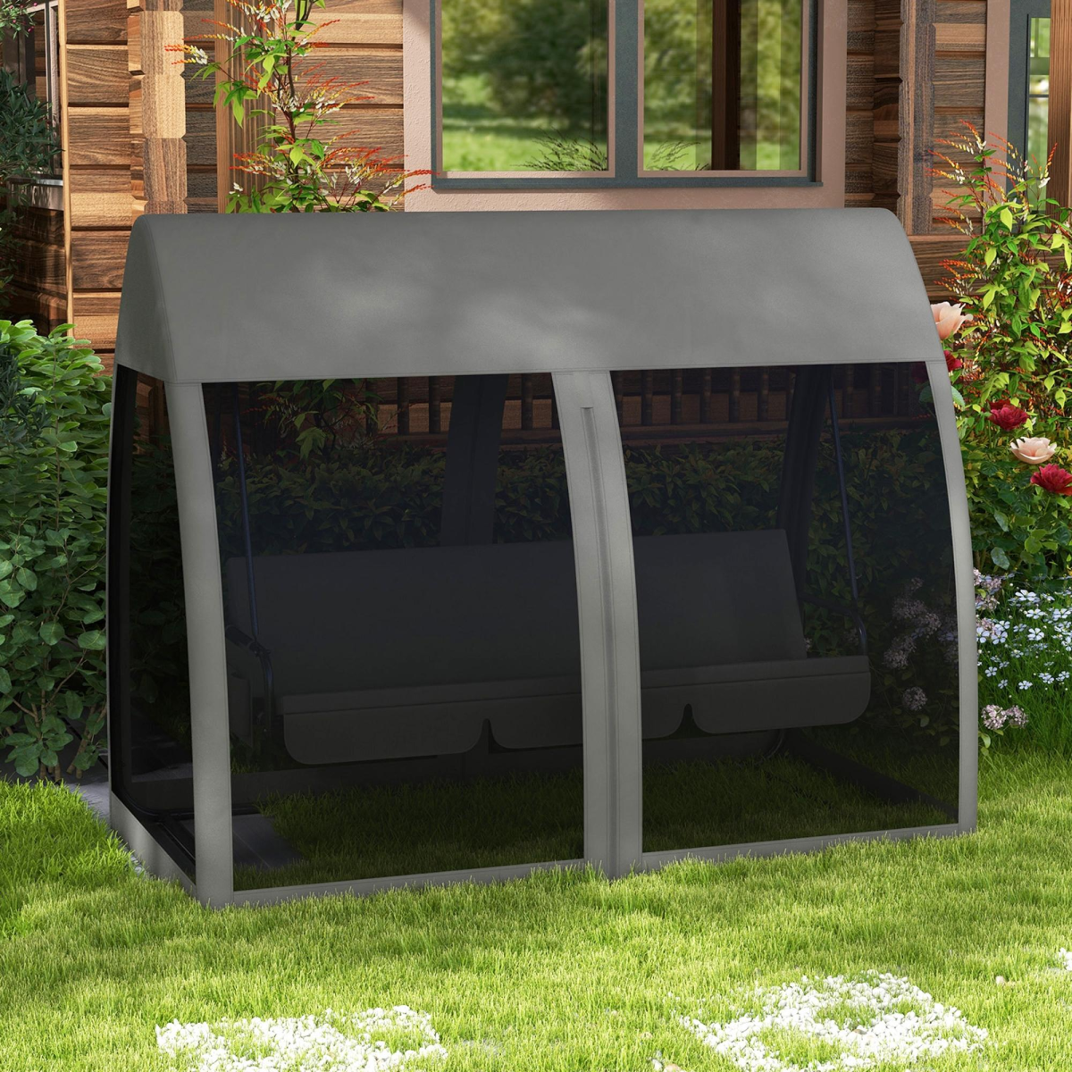 Outsunny 3-Seater Garden Swing Chair Bed with Canopy, Grey