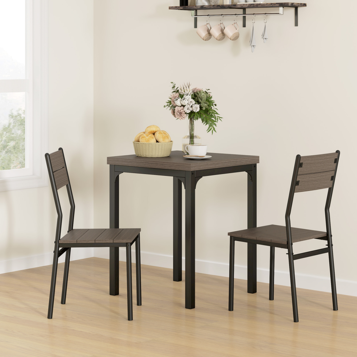 HOMCOM Compact Dining Table and 2 Chairs Set, Grey Wood Grain