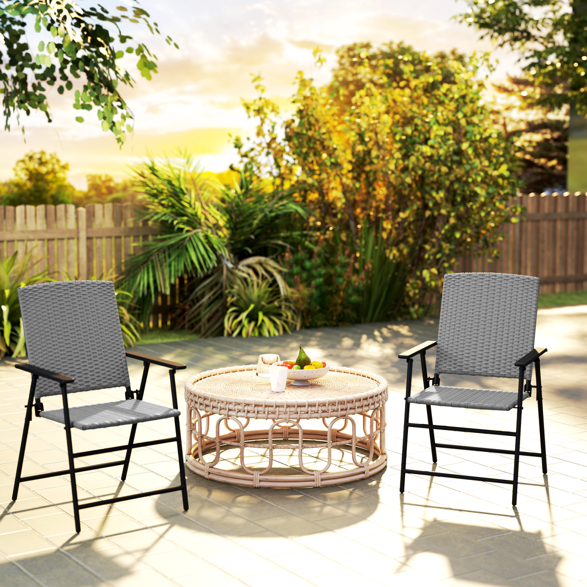 Outsunny 2-Piece Foldable Rattan Garden Chairs with Armrests, Grey