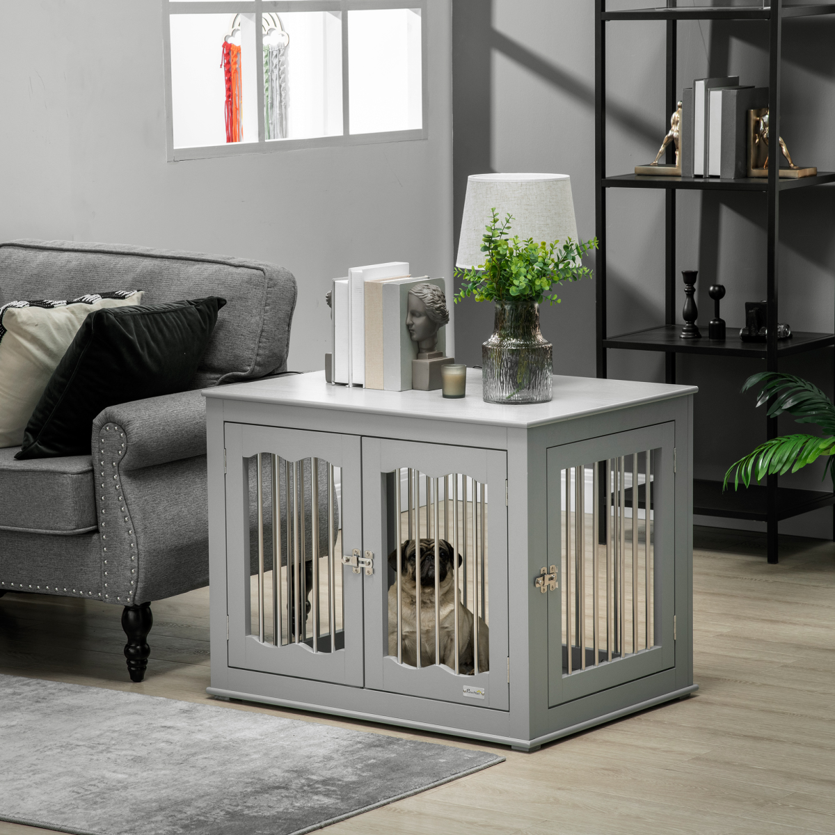 PawHut Wooden Dog Crate Furniture, 3-Door Side Table for Medium Dogs