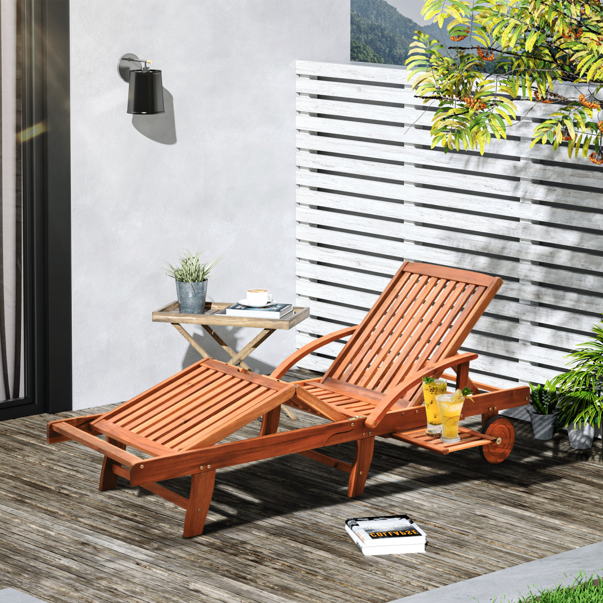 Outsunny Acacia Wood Foldable Sun Lounger with Adjustable Back & Wheels