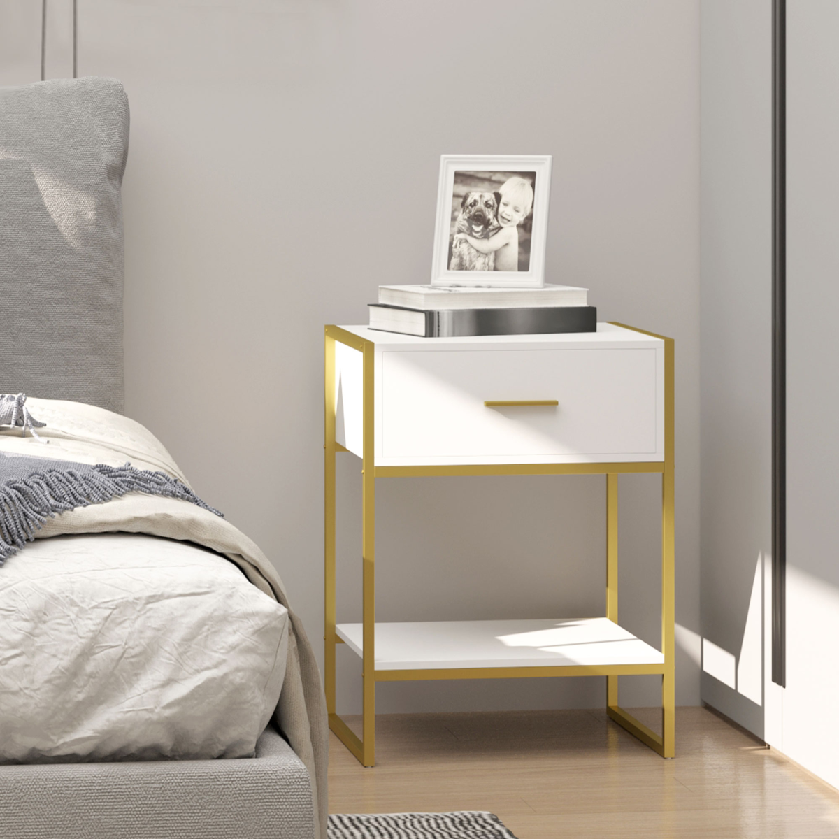 Modern White and Gold Bedside Table Nightstand with Drawer and Shelf