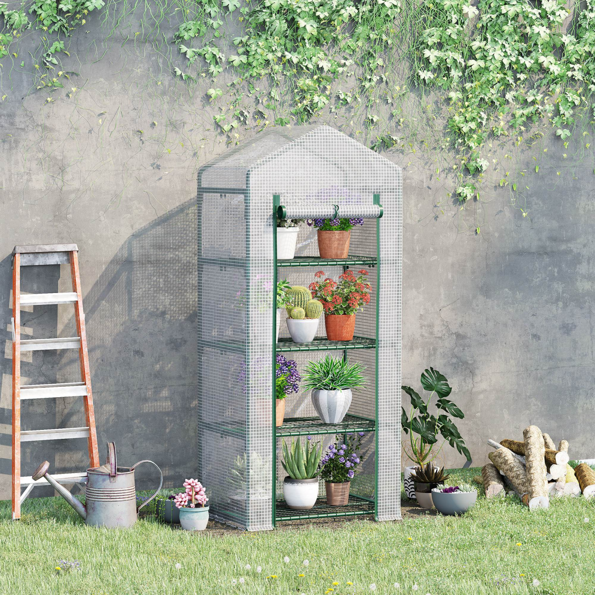 Outsunny 4 Tier Portable Mini Greenhouse with Steel Frame, PE Cover, Zipped Roll-Up Door, 160x69x50cm