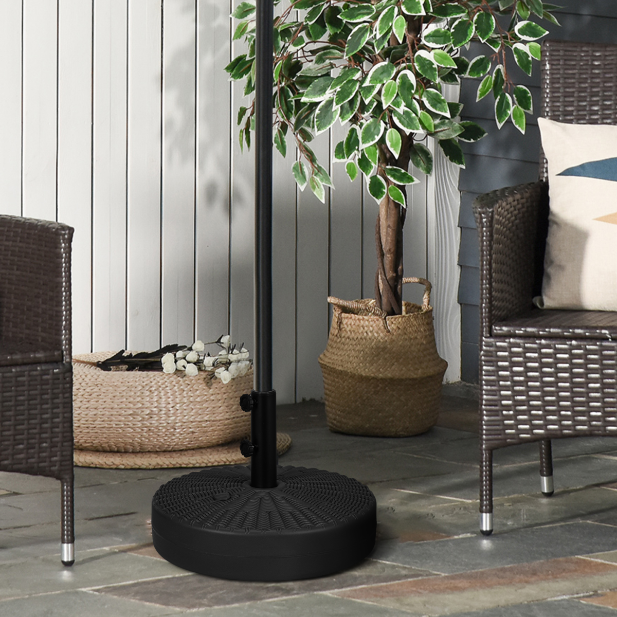 Round Umbrella Parasol Base with Rattan Effect, Plastic Parasol Stand, Black