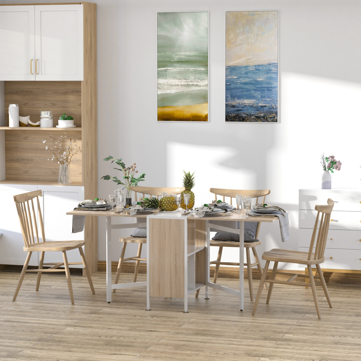 HOMCOM Folding Drop-Leaf Table Desk with Storage Shelf, Oak and White, Home Office