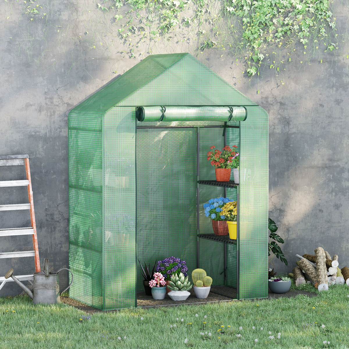 Outsunny Walk-In Greenhouse with 2-Tier Shelves, Roll-Up Zipper Door, PE Cover, 141 x 72 x 191 cm, Green