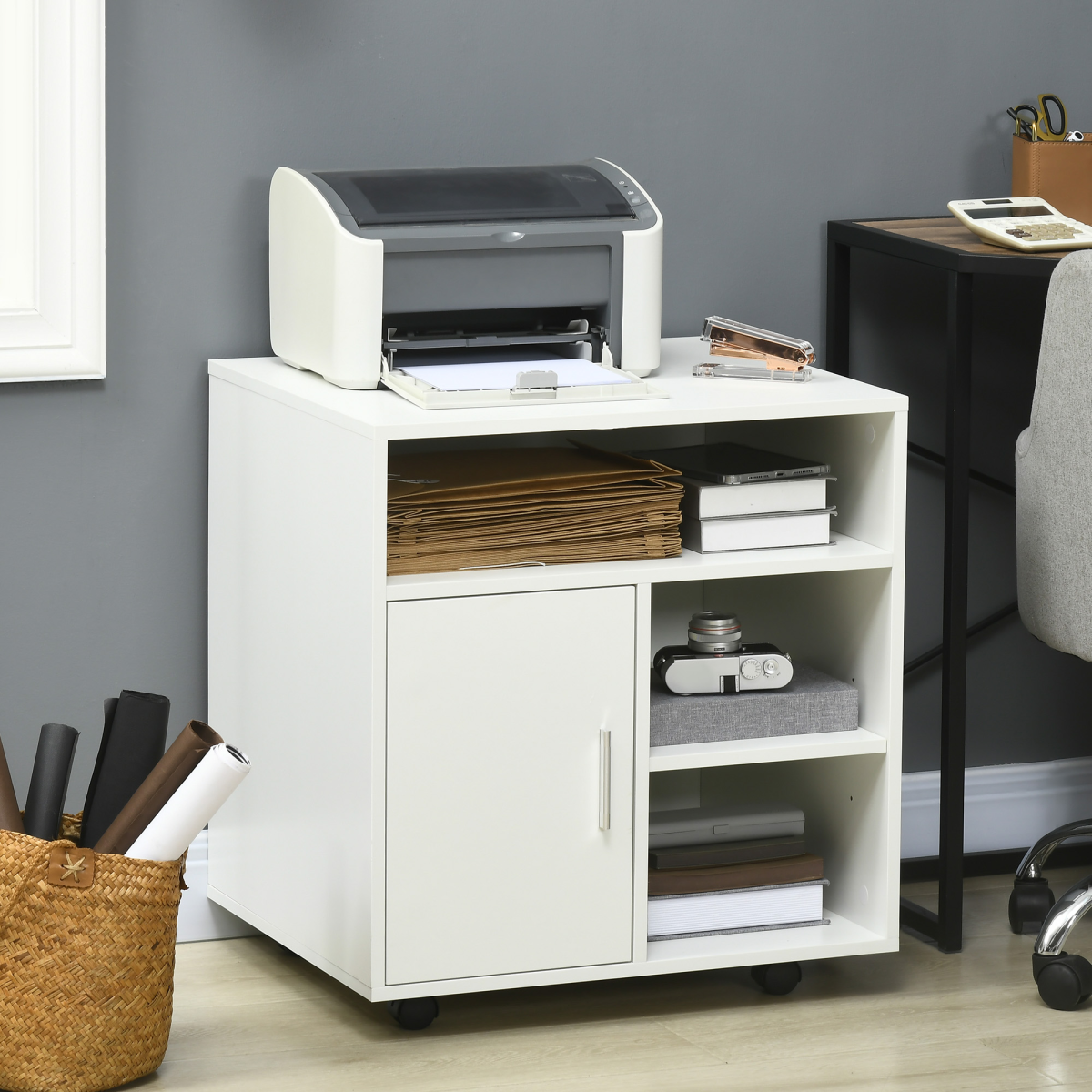 Multi-Storage Printer Unit for Office Organisation with 5 Compartments and Wheels