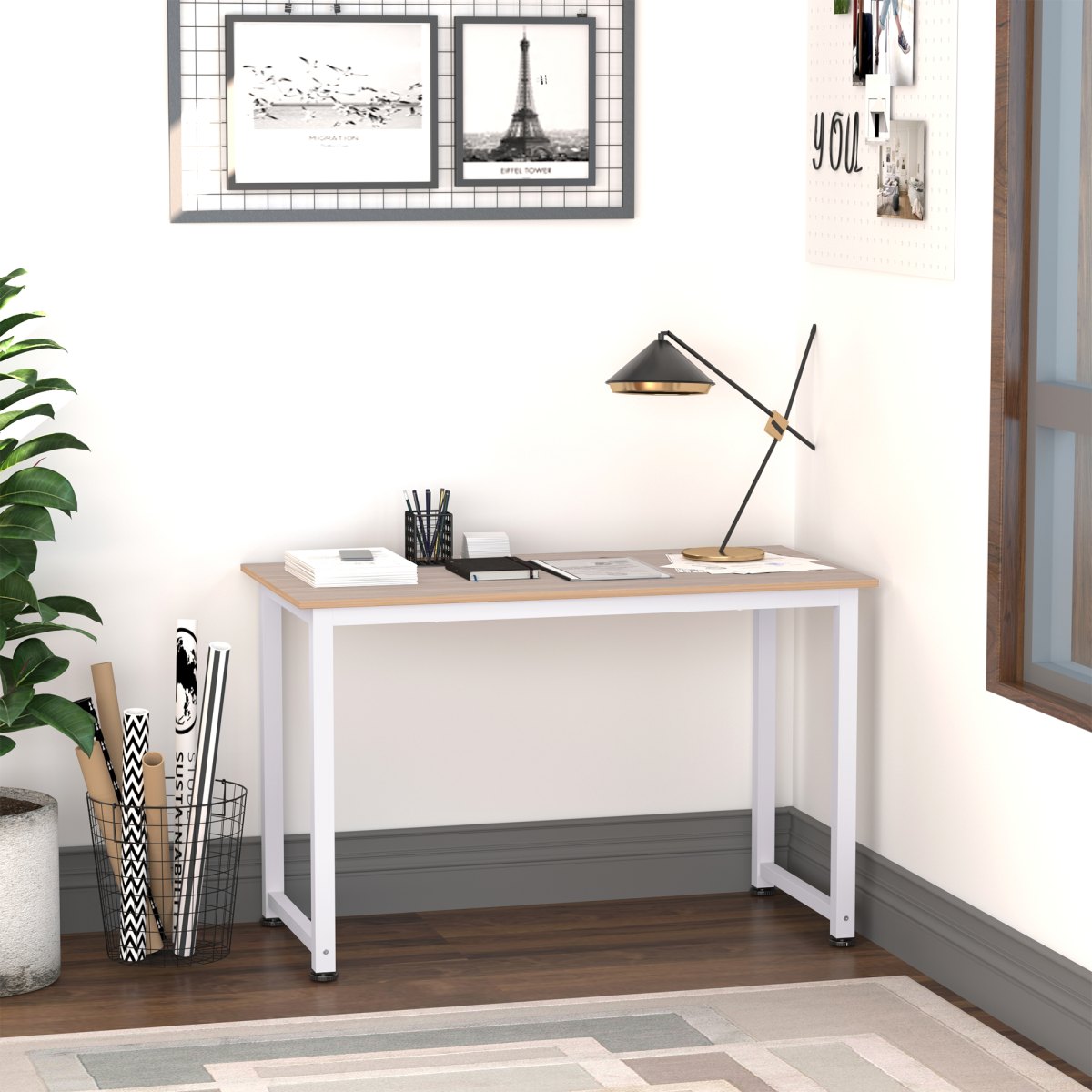 HOMCOM Oak Grain Tone MDF Writing Desk with White Metal Frame, 120W x 60D x 76Hcm