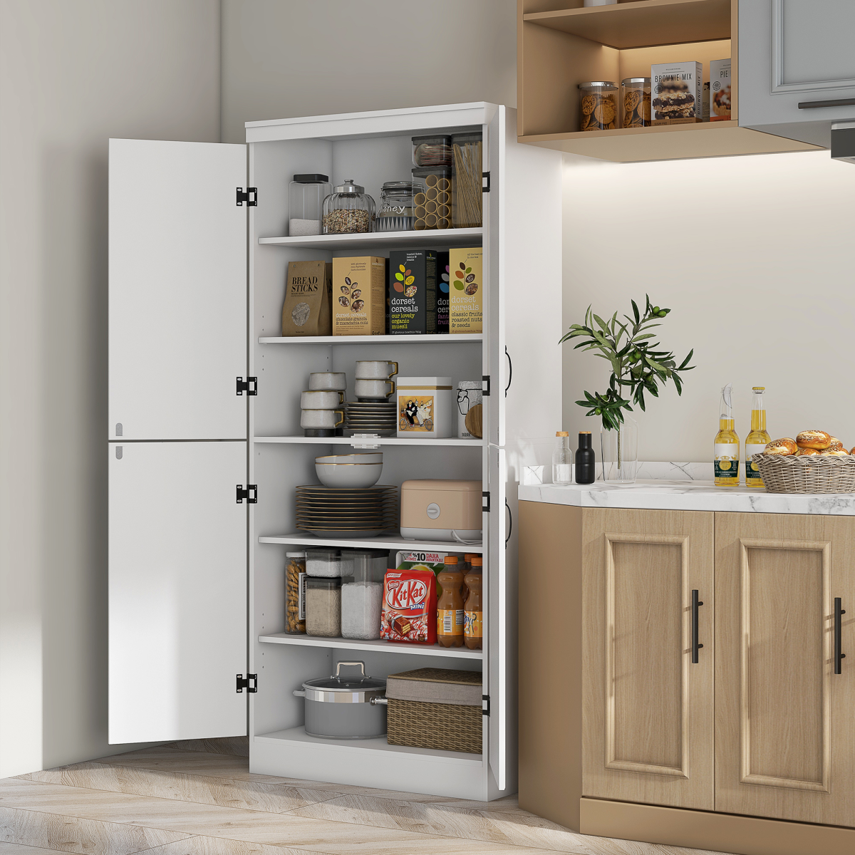 HOMCOM 4-Door Kitchen Cabinet with Shelves, White