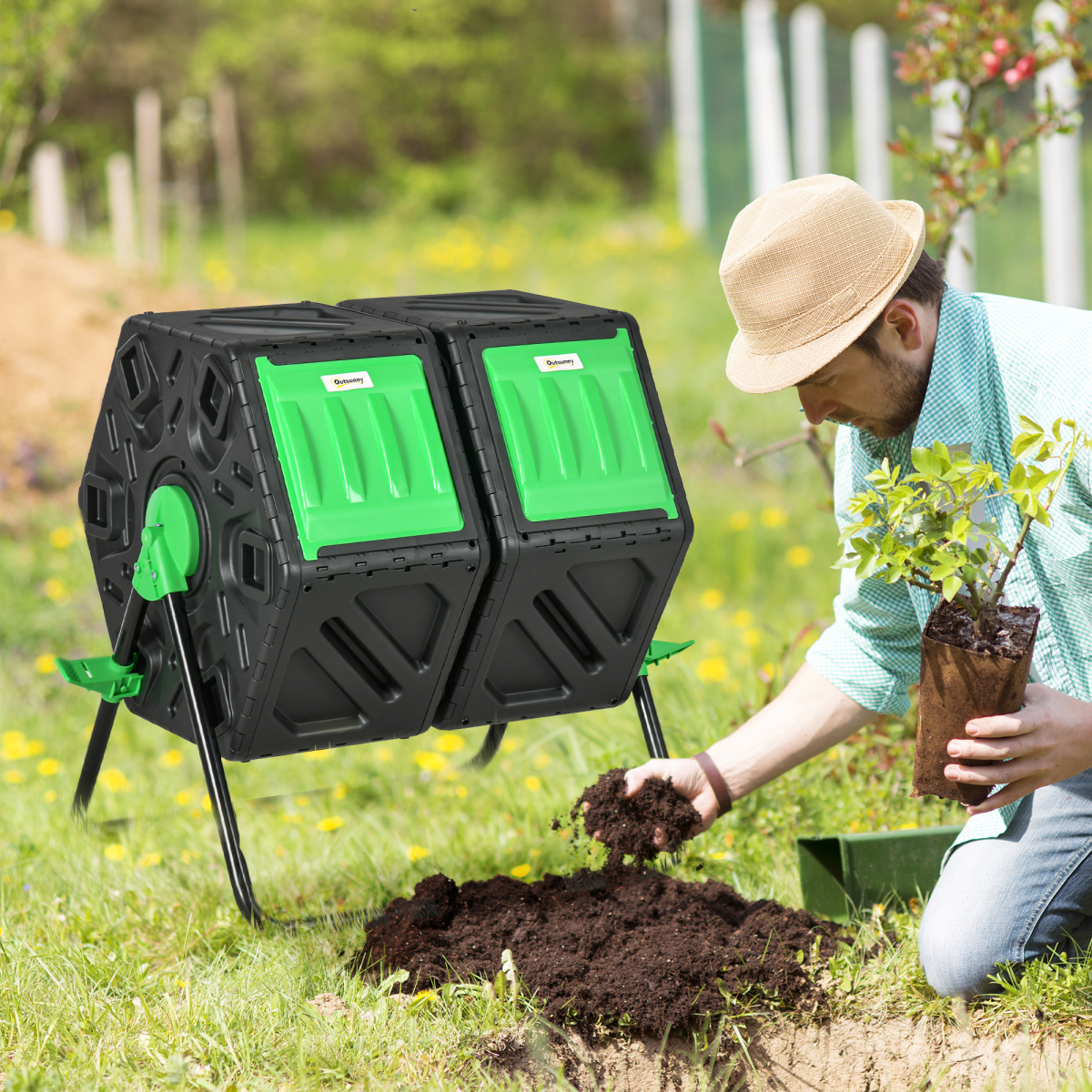 Outsunny 130L Dual-Chamber Rotating Compost Tumbler with Ventilation Holes