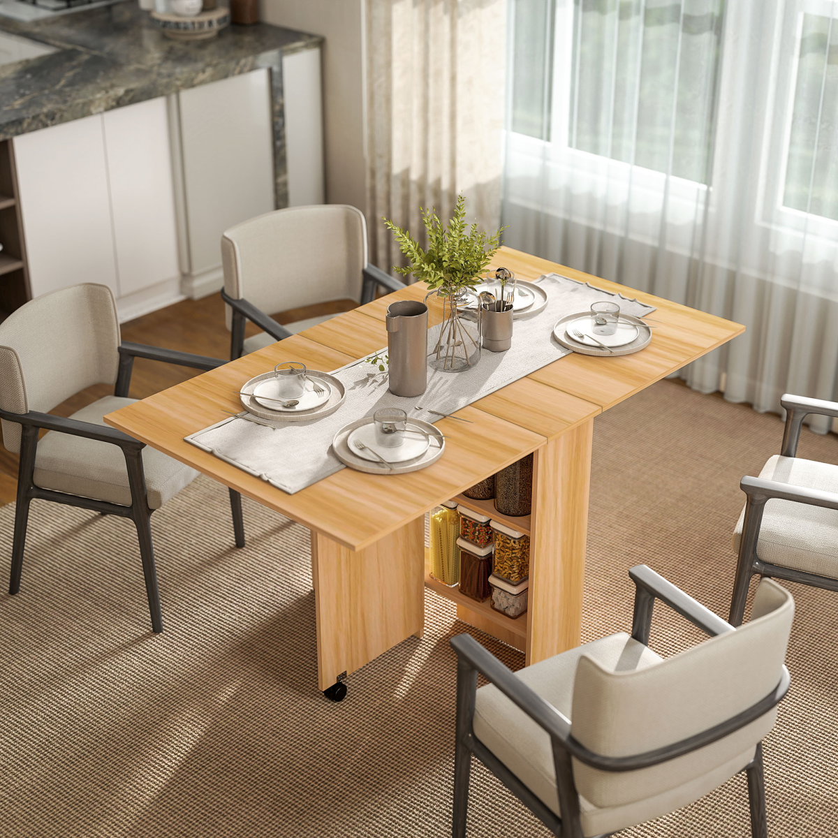 HOMCOM Foldable Dining Table with Storage Shelves, Teak