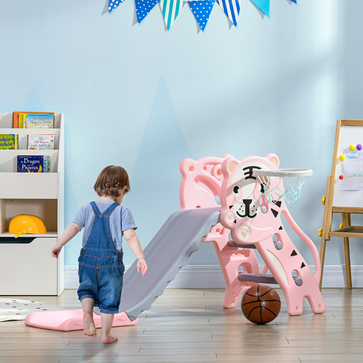 AIYAPLAY Kids Slide with Basketball Hoop, Pink, 18-36 Months