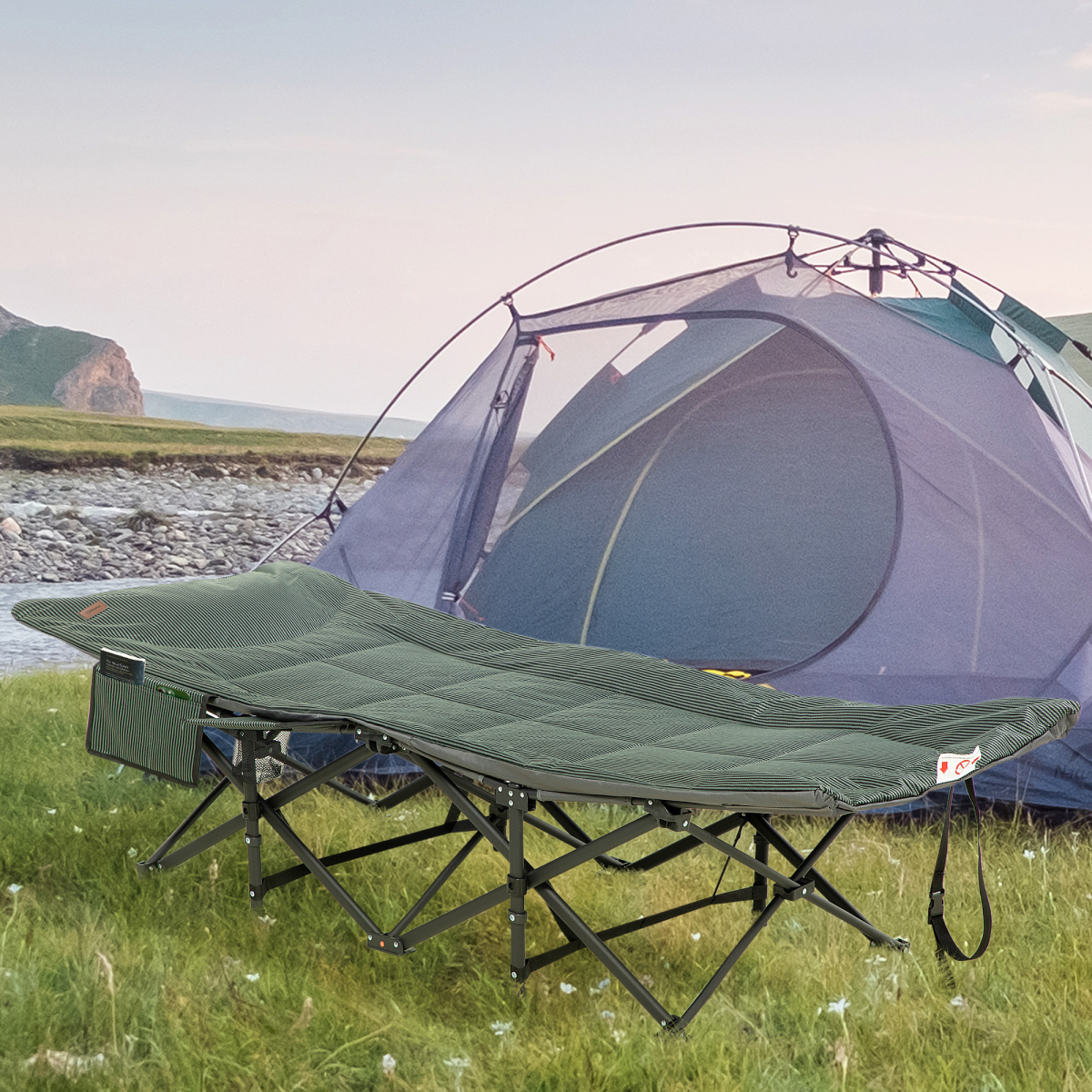Outsunny Foldable Camping Bed with Carry Bag, Cup Holder & Magazine Bag, Grey