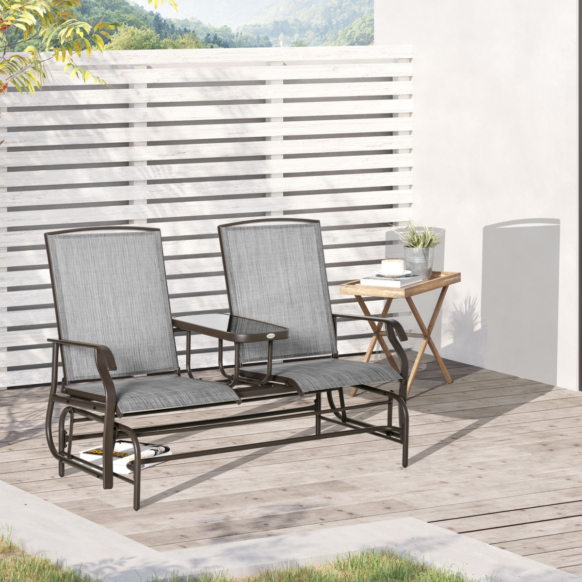 Outsunny 2 Seater Metal Double Swing Rocking Chair with Middle Glass-Top Table