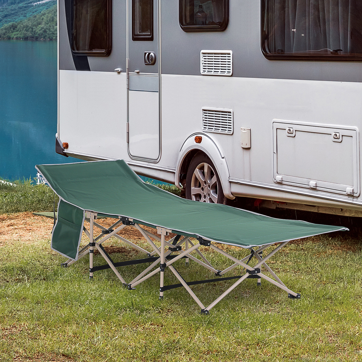 Portable Green Camping Cot, Steel Frame, Carry Bag Included