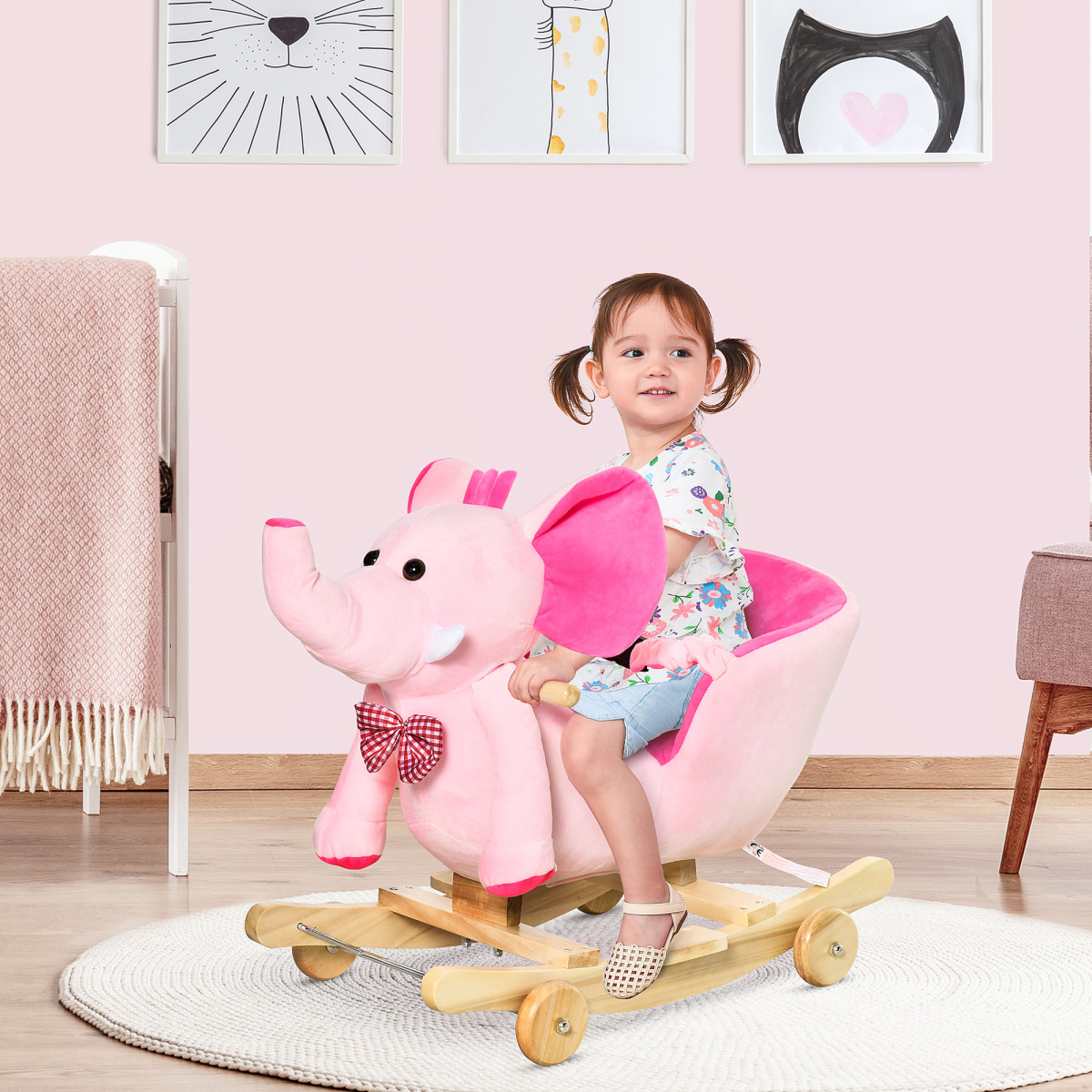 HOMCOM 2-in-1 Elephant Baby Rocking Horse Ride On with Music, Pink