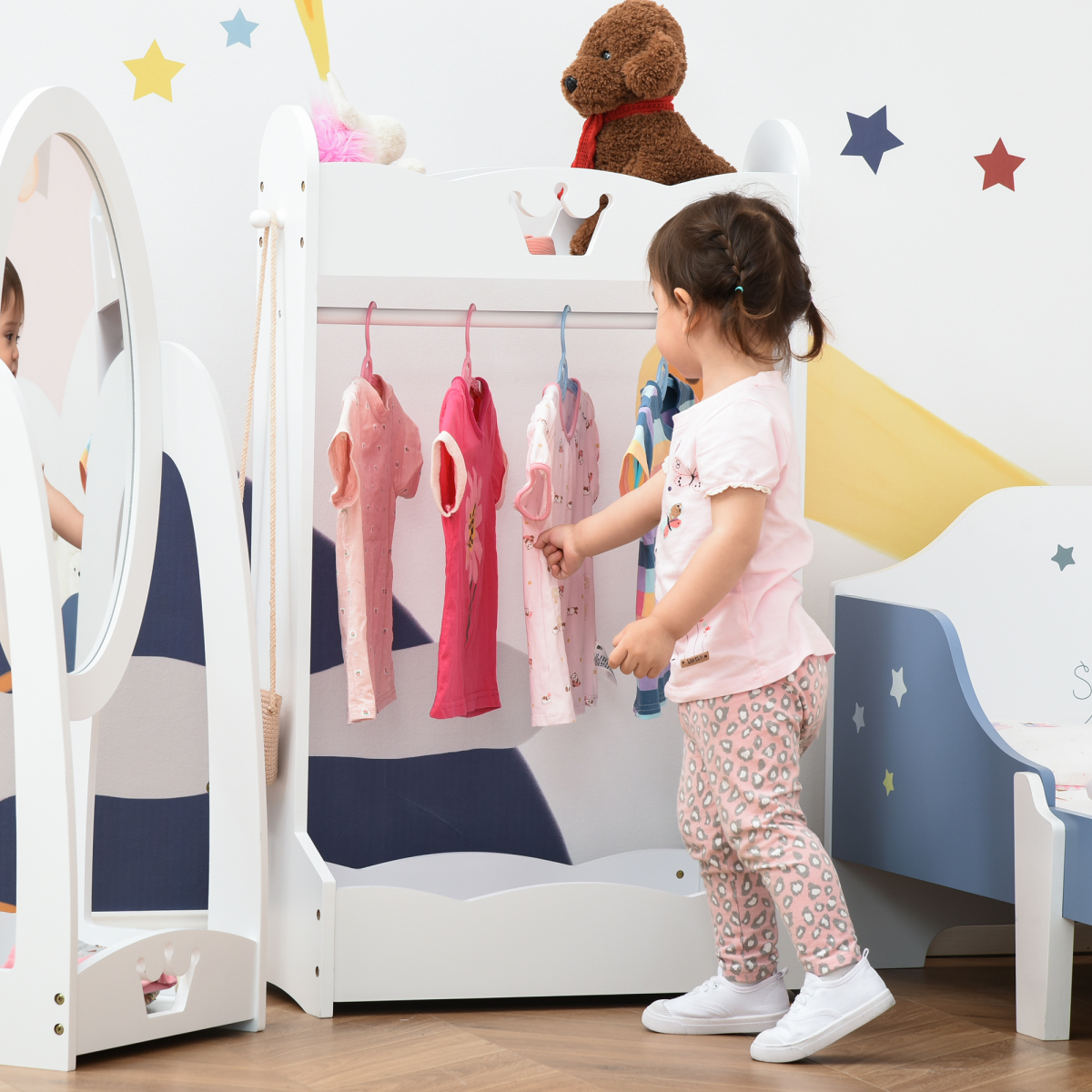 Kids Wooden Clothes Rack with Storage Shelves and Hooks, Princess Hall Tree for Ages 3-8 Years