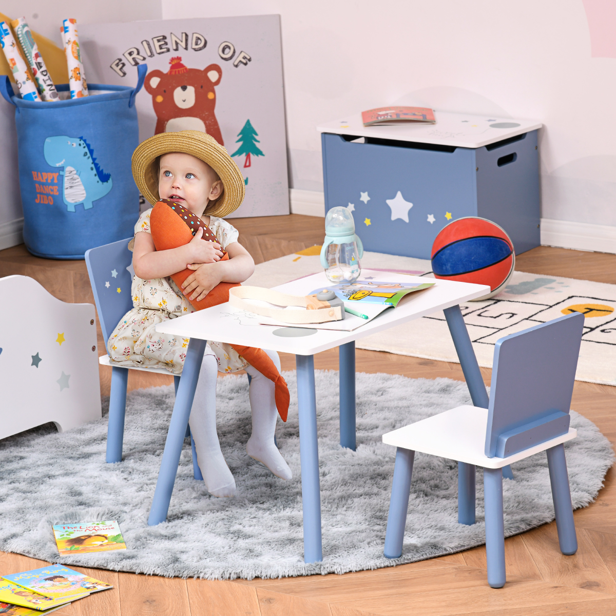 3 Piece Kids Table and 2 Chairs Set, White and Blue Stars and Balloon Design, Pine Wood Legs, Rounded Edges