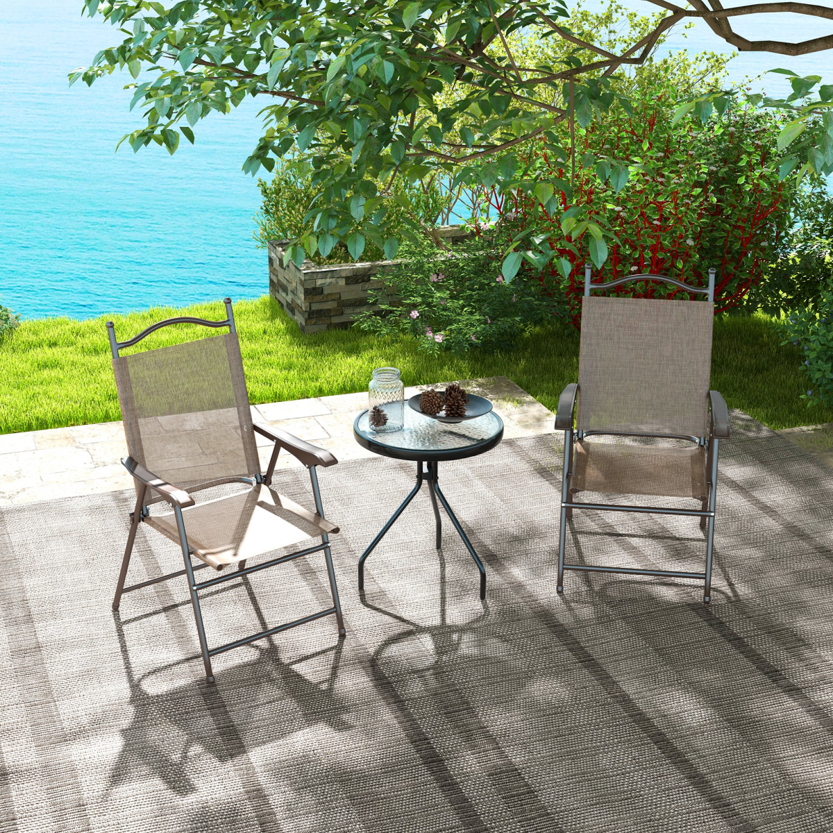 Outsunny Set of 2 Folding Mesh Chairs, Steel Frame, Mixed Brown