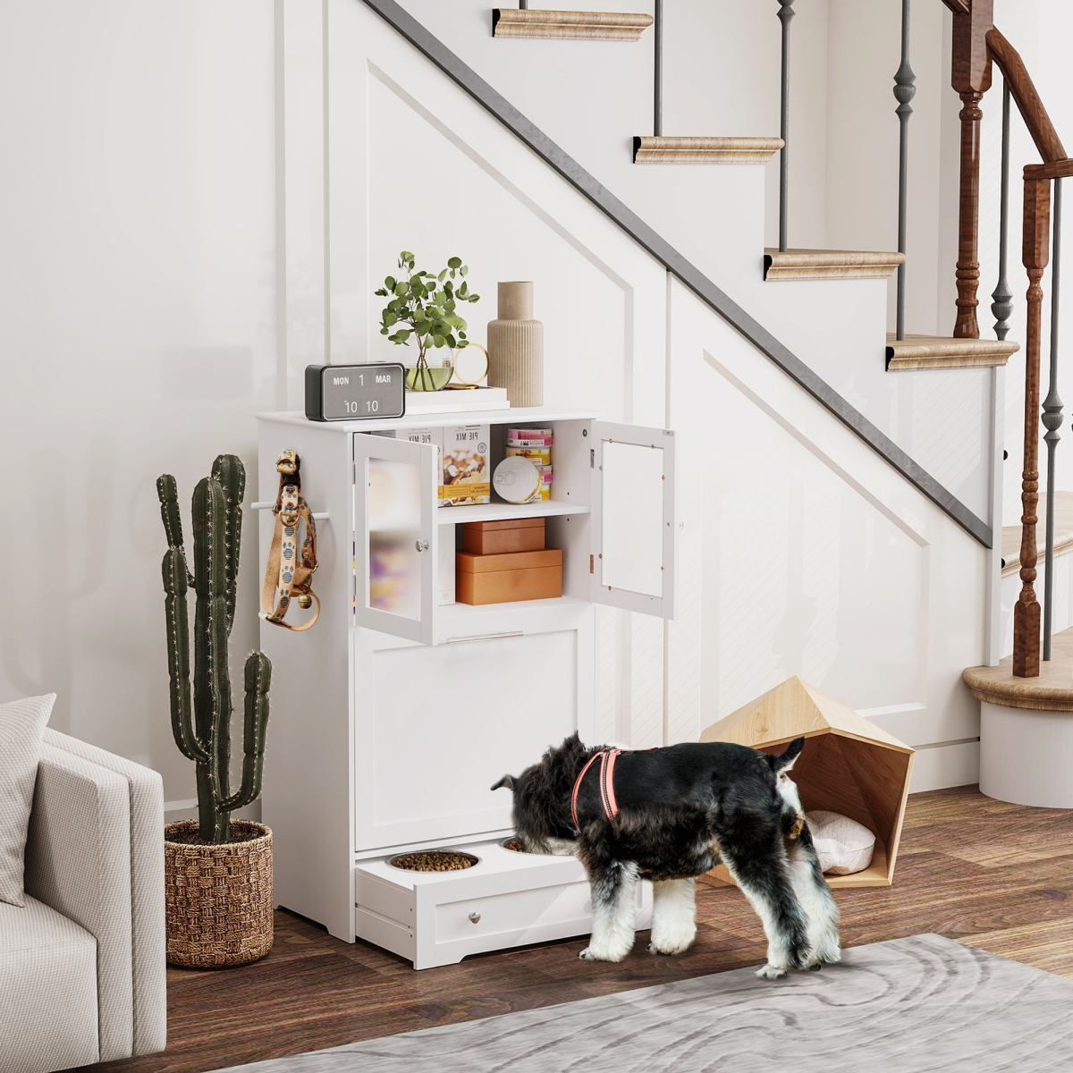 PawHut Dog Feeding Station with 2 Cabinets and 2 Elevated Bowls, White