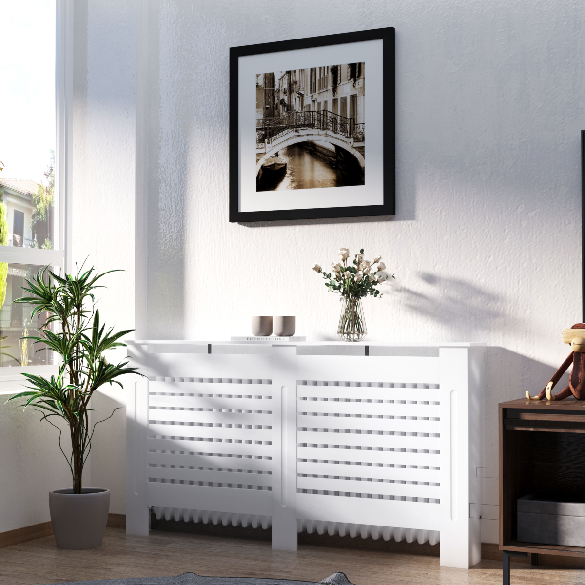 HOMCOM 152 cm White MDF Radiator Cover with Slatted Vents and Top Shelf