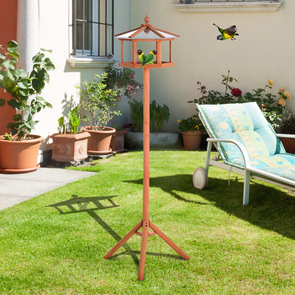 PawHut Wooden Free Standing Bird Feeder Table with Metal Roof for Garden, Patio