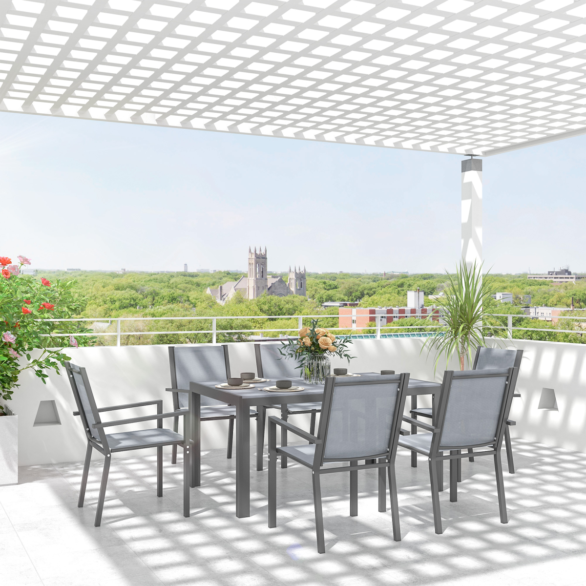 Outsunny 7-Piece Garden Dining Set, 6 Stackable Chairs and Rectangular Table, Grey