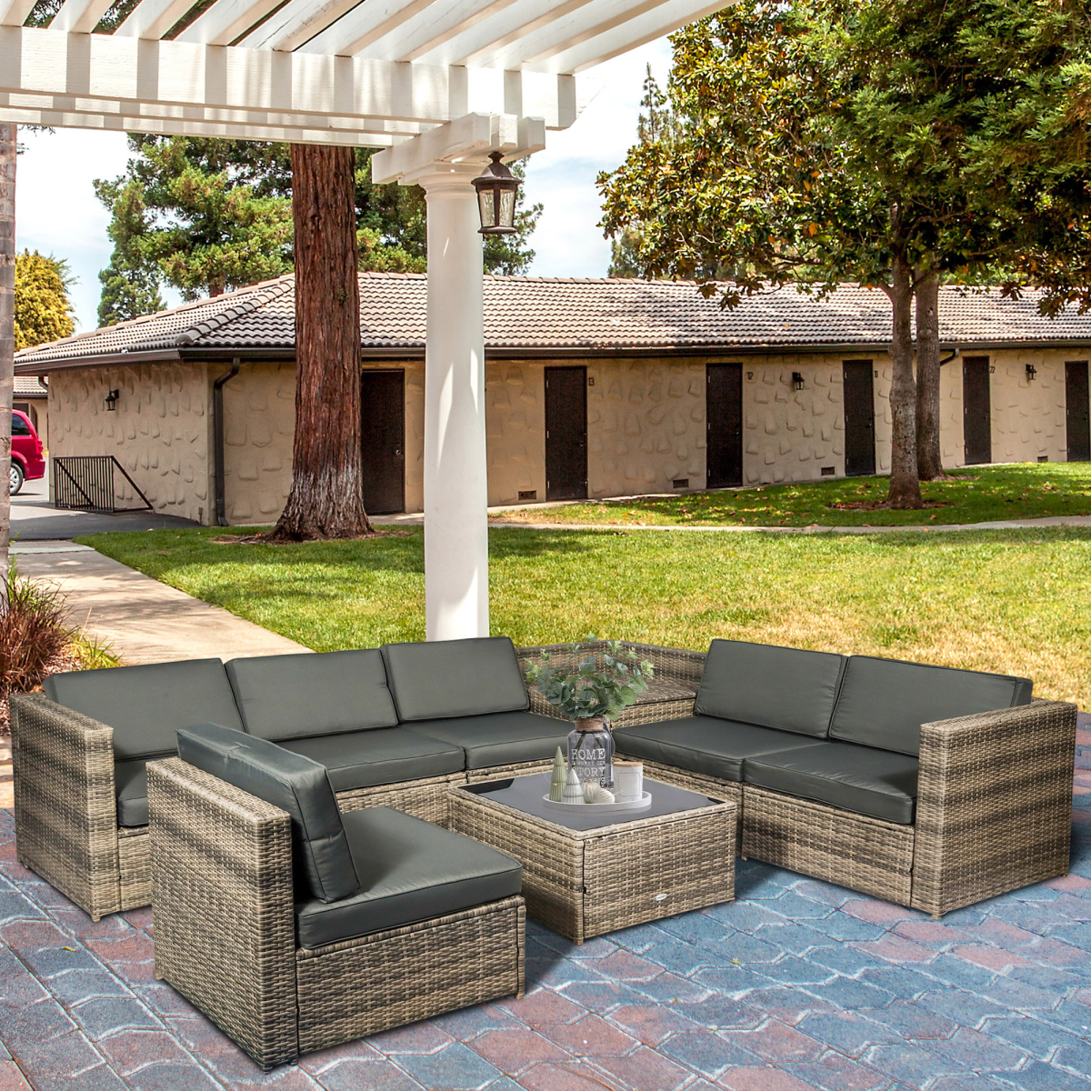 Outsunny 8-Piece Patio Rattan Sofa Set with Cushions, Tempered Glass Coffee Table and Corner Table
