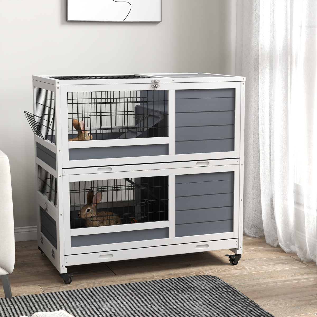 PawHut Double Decker Indoor Rabbit Hutch with Feeding Trough and Slide-Out Trays