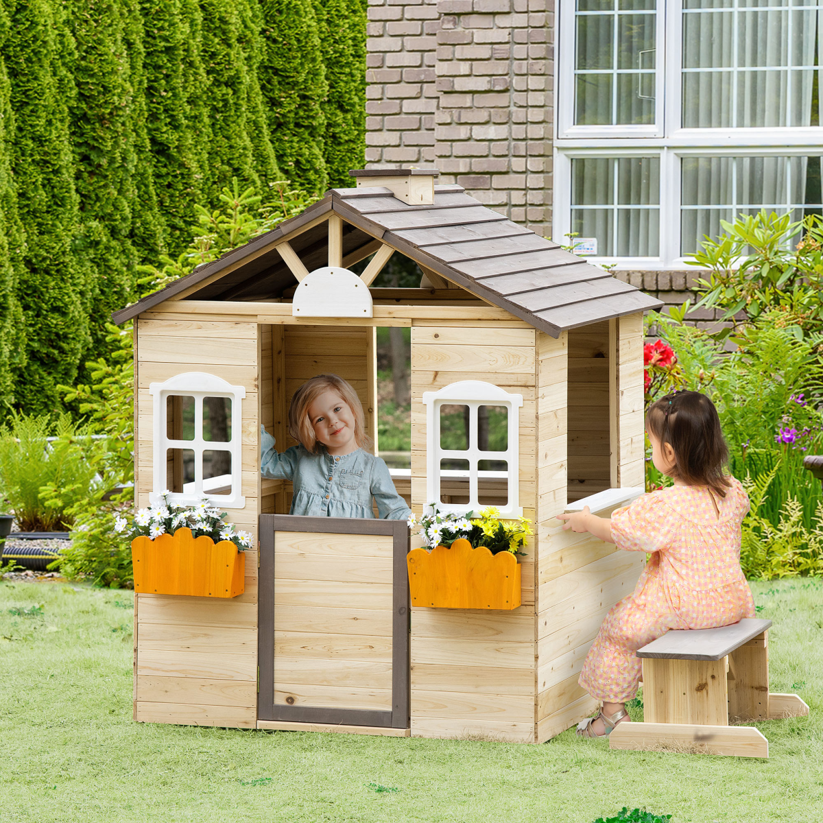 Outsunny Wooden Kids Outdoor Playhouse with Door, 2 Windows, Bench, Windowsill and Flowerpot Holders, Ages 3-7 Years