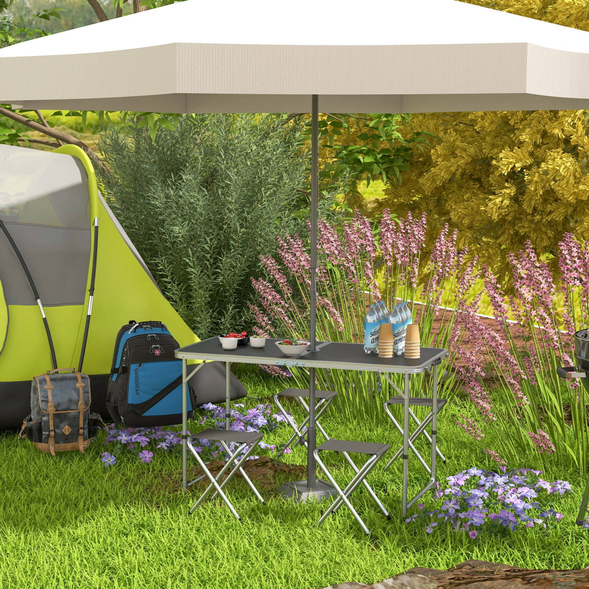 Outsunny Folding Picnic Table Set with 4 Chairs, Adjustable Height