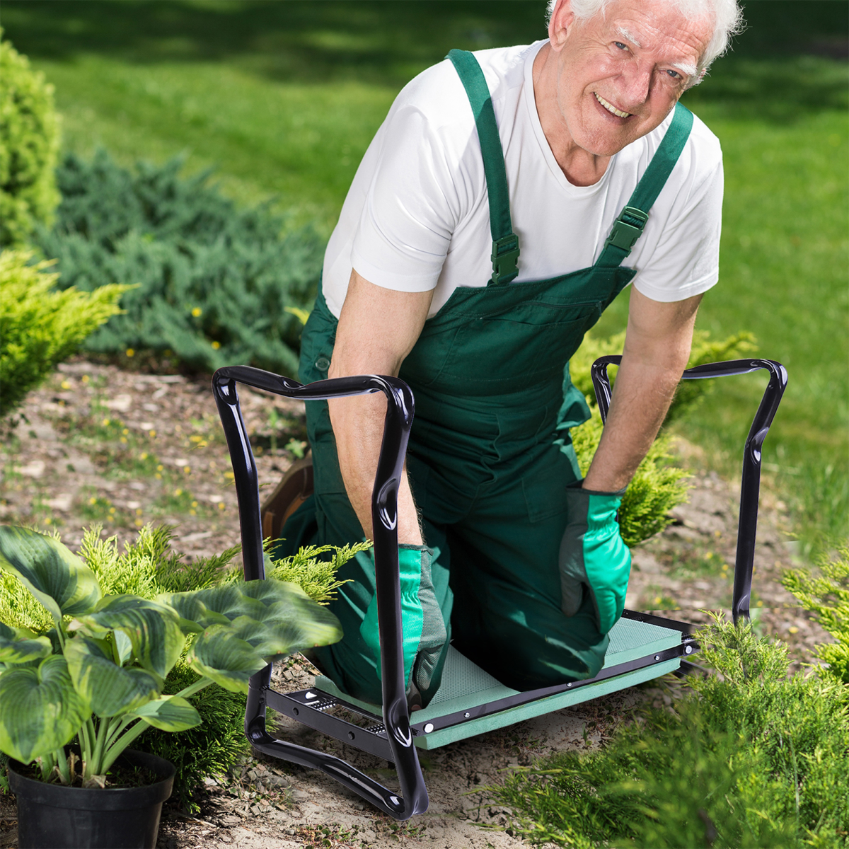 Outsunny 2-in-1 Garden Kneeler Bench, Black/Dark Green