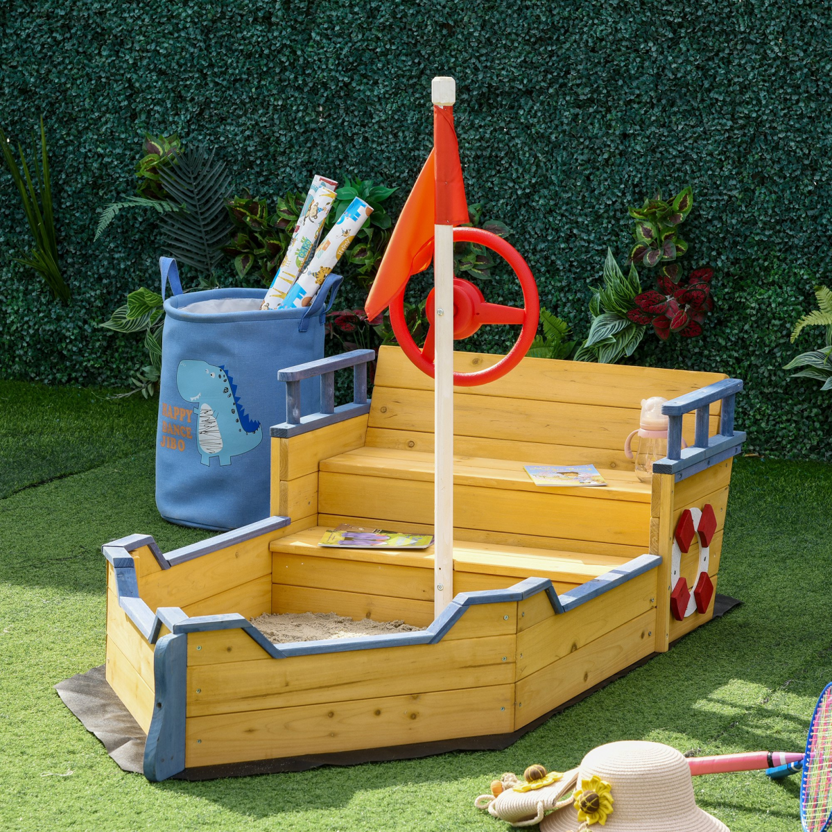 Outsunny Kids Wooden Pirate Ship Sandbox with Bench Seat and Storage Space, Fir Wood Play Boat, Ages 3-6