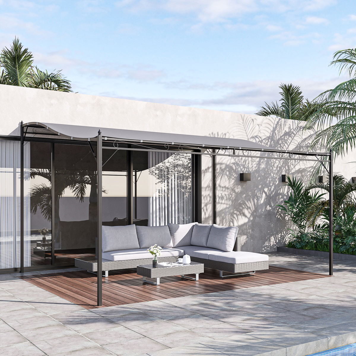 Outsunny 4x3m Grey Metal Wall Gazebo with 180gsm Polyester Canopy