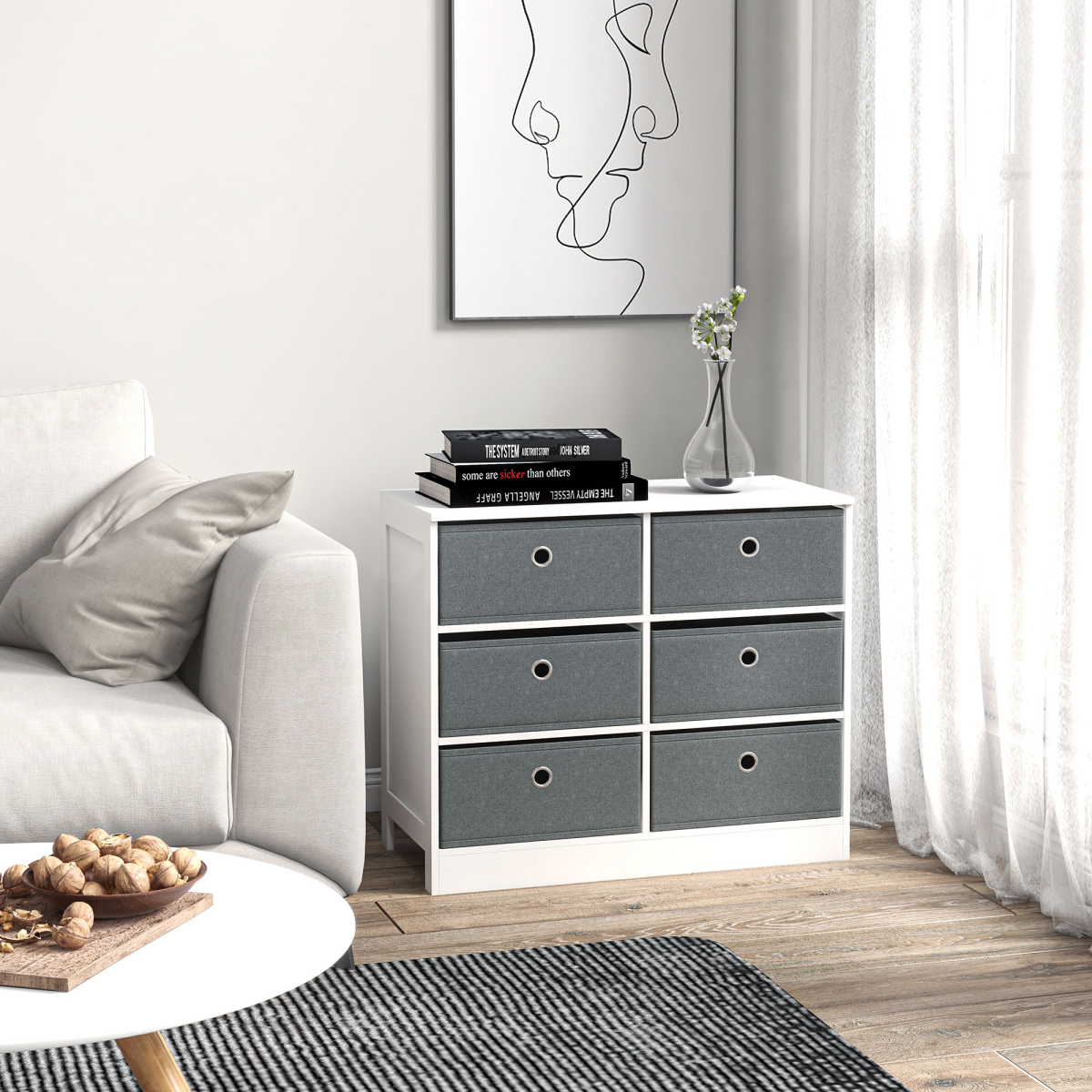 HOMCOM Fabric Dresser Storage Cabinet with 6 Drawers, White and Grey, Sturdy MDF Structure, Flat Top Storage?