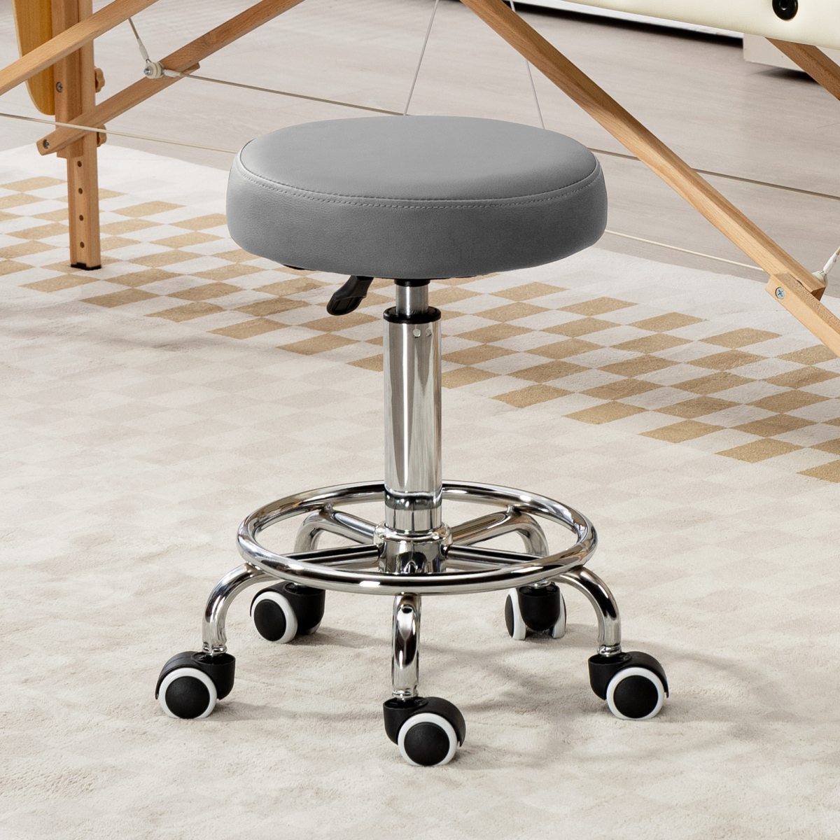 Vinsetto Round PU Leather Adjustable Salon Stool with Footrest, Grey