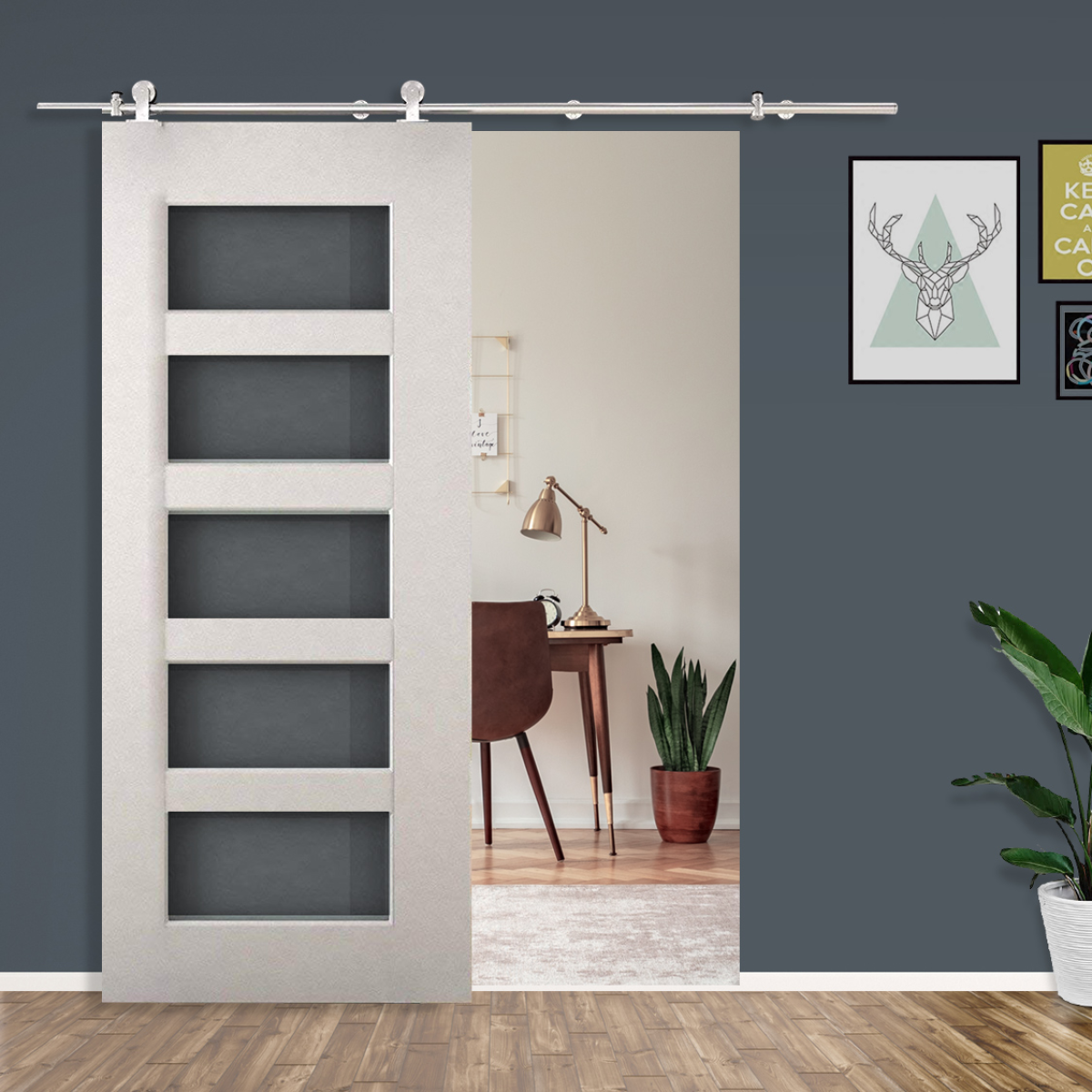 Sliding Door Track Kit for Single Wooden Door, Stainless Steel Rail, 100kg Max Load, Includes Roller, Stopper, Floor Guide and Tools