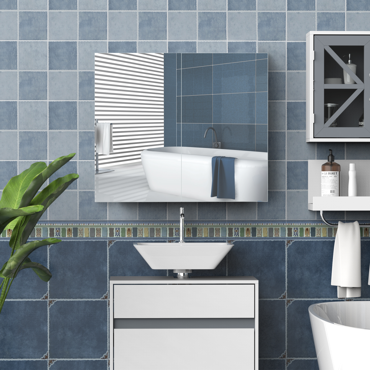 Wall Mounted Bathroom Mirror Storage Cabinet with Adjustable Shelf, 60H x 70W x 15Dcm