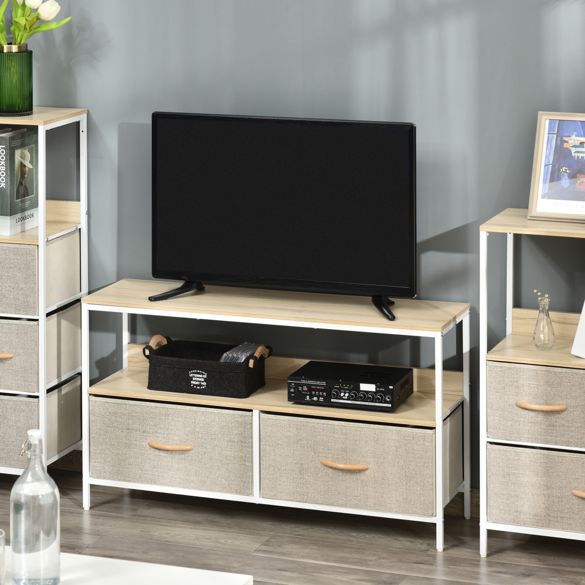Maple TV Cabinet with 2 Foldable Linen Drawers and Open Shelf