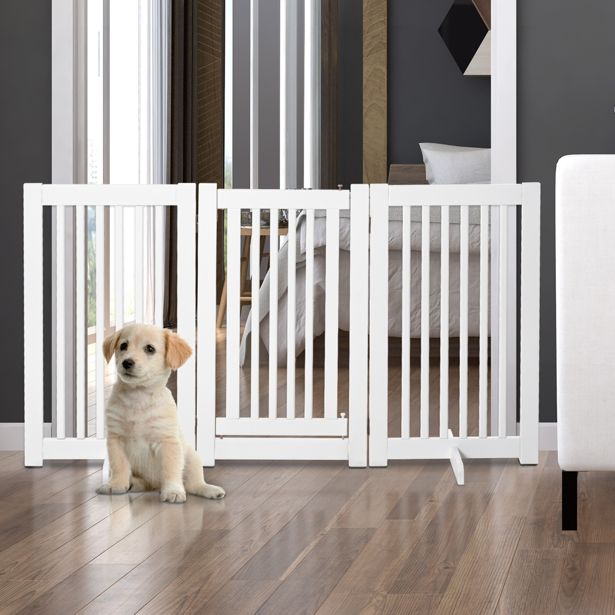 PawHut 3-Panel Freestanding MDF Dog Gate with Latch, Folding Panel Fence