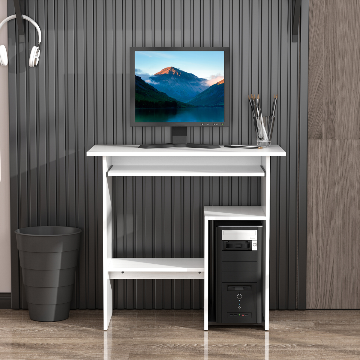 HOMCOM Computer Desk with Slide-Out Keyboard Tray, 2 Storage Shelves, White, 73.5H cm