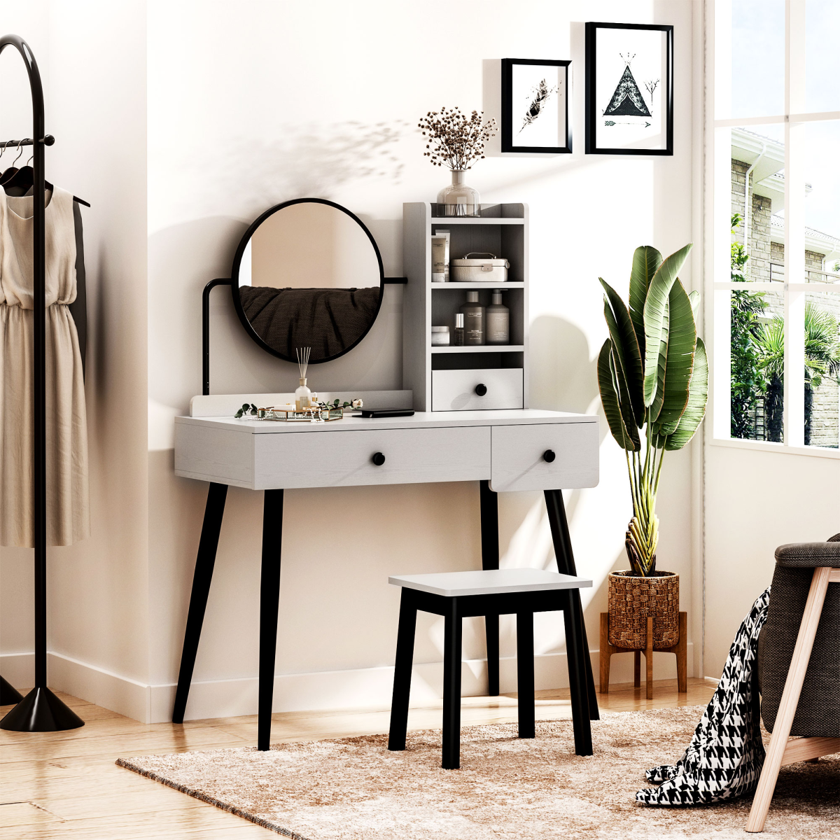 HOMCOM Dressing Table Set with Stool, 3 Drawers, Side Shelves and Fixed Mirror, Grey