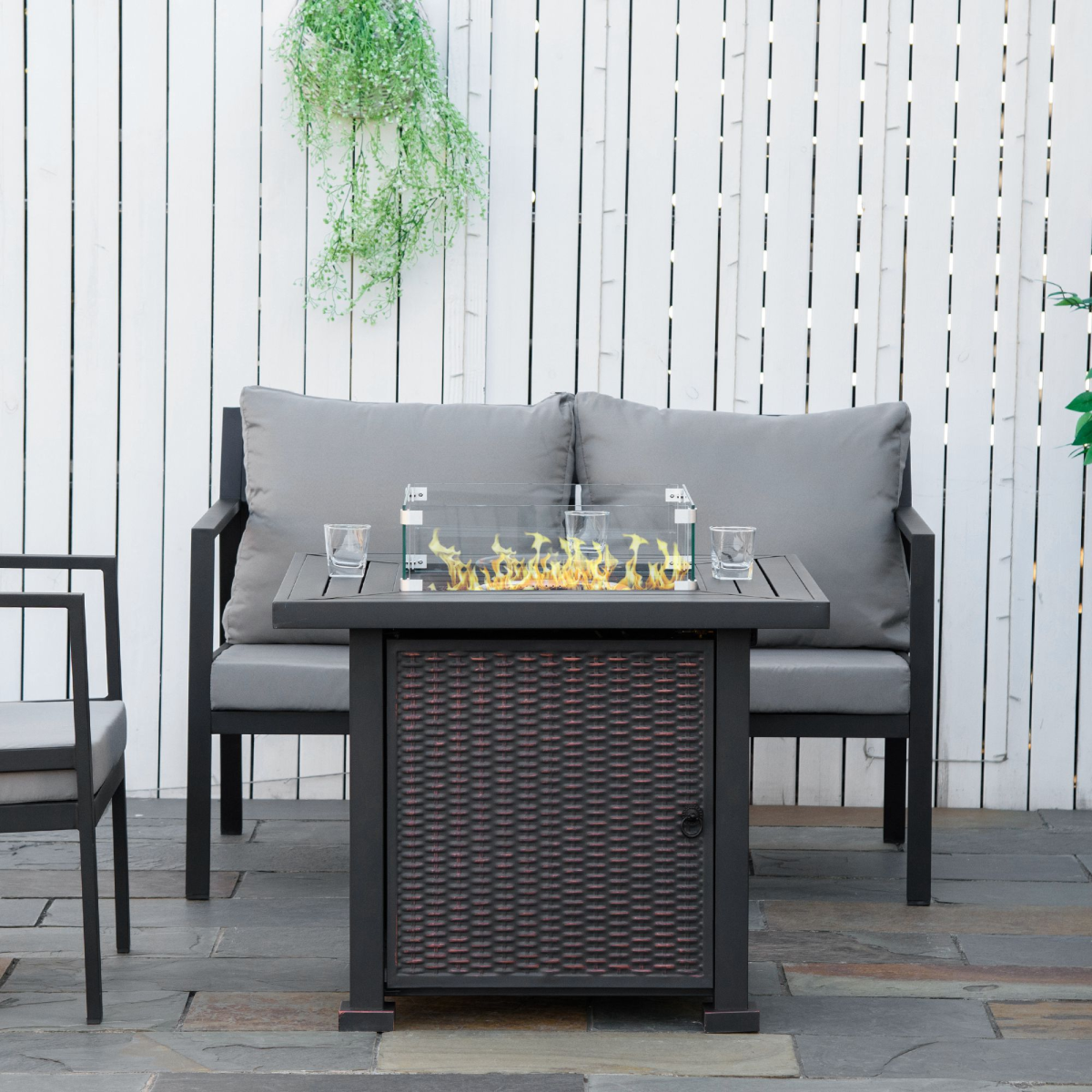 Outdoor Propane Gas Fire Pit Table with Glass Wind Screen and Glass Beads, Black, 50000 BTU, Outsunny
