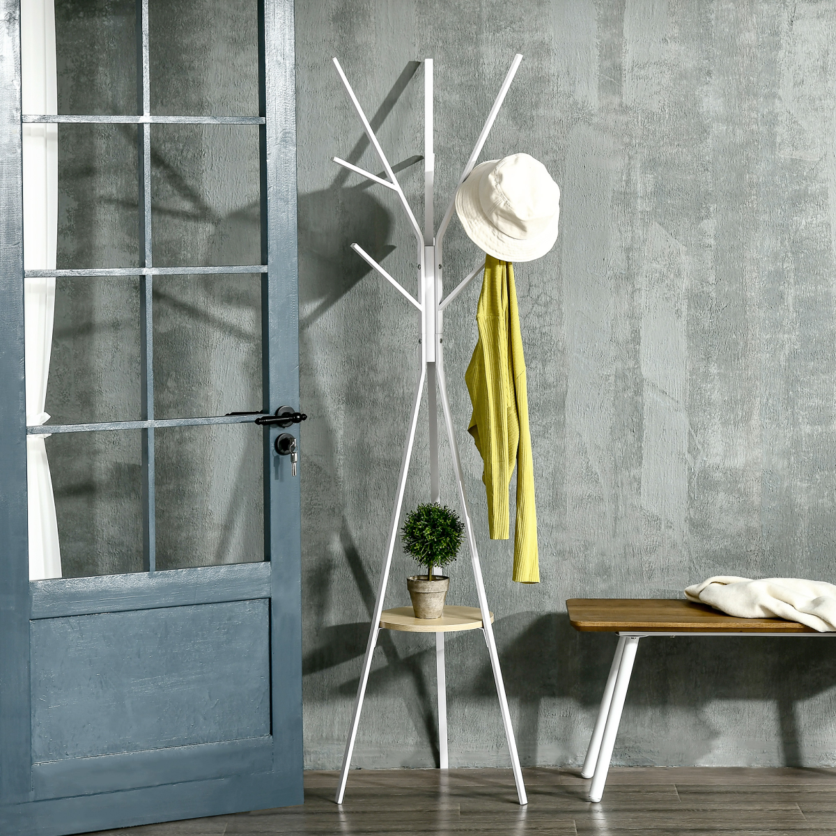 HOMCOM 180cm Metal Coat Rack Hall Tree with 9 Hooks and Bottom Shelf