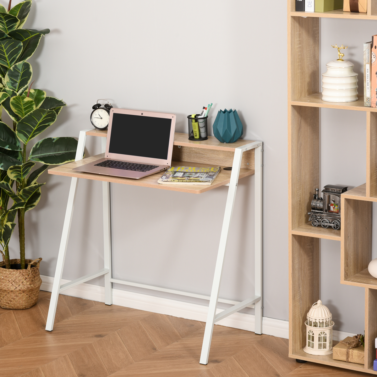 HOMCOM White and Oak Computer Workstation Storage Shelf, Two-Tier Tabletop, Steel Frame, 20kg Max Load
