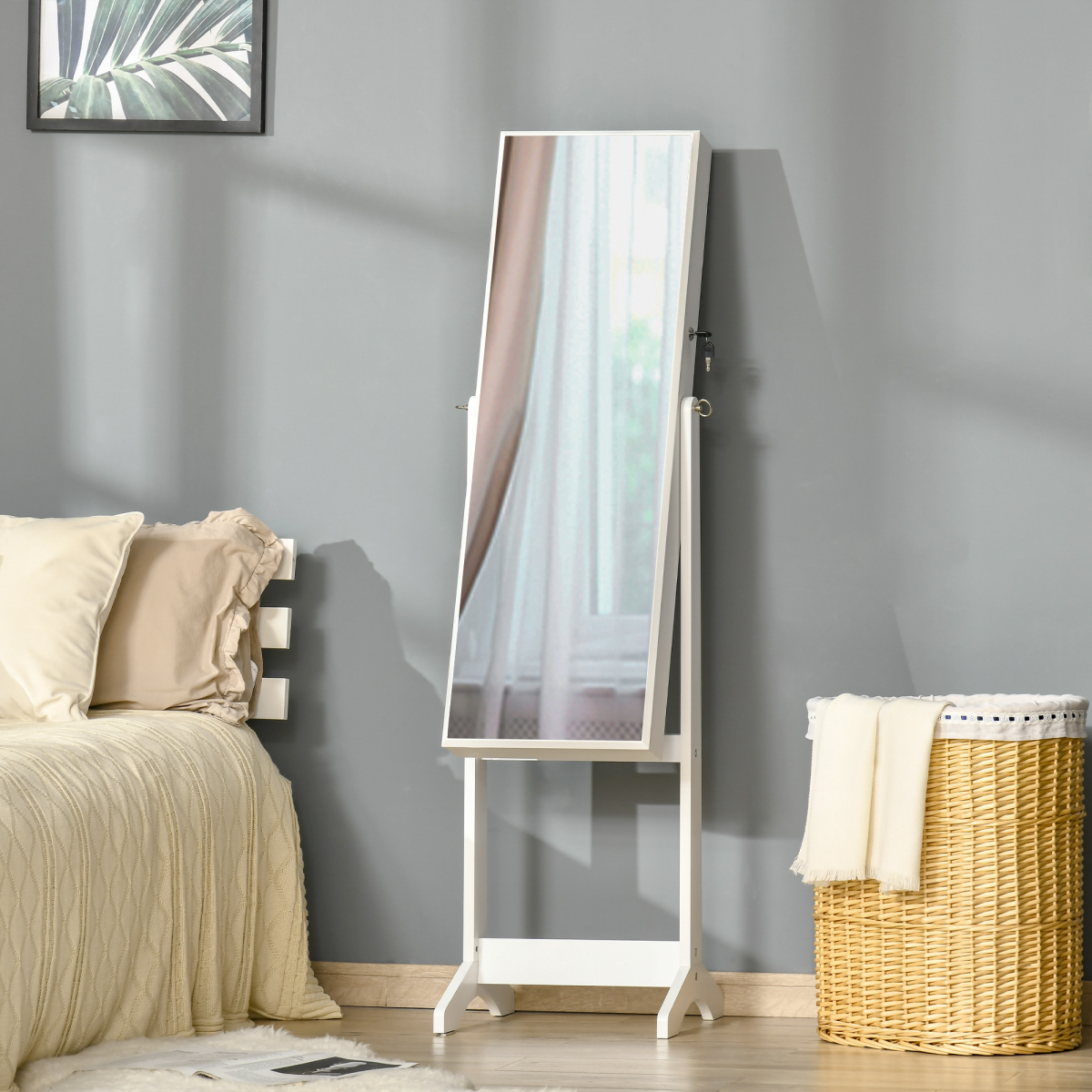 Freestanding Mirrored Jewellery Cabinet with Lockable Storage, White