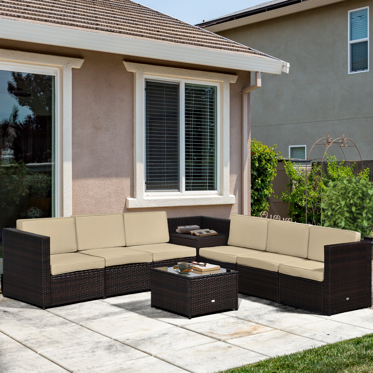 Outsunny 6-Seater Outdoor Rattan Sofa Furniture Set with Cushions, Steel Frame and Tempered Glass Table, Brown
