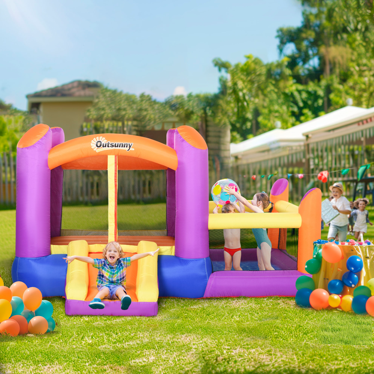 Outsunny Inflatable Bouncy Castle with Slide and Pool, Electric Blower Included, Multi-Color
